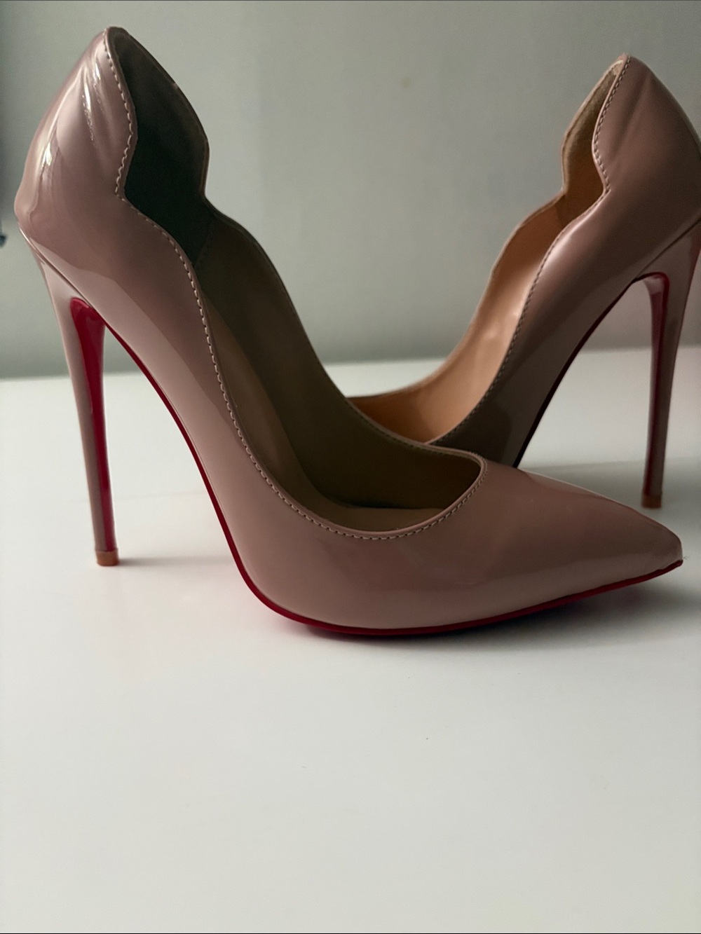 Christian Louboutin inspired Nude Patent Leather Pointed-Toe Pumps with Red Sole